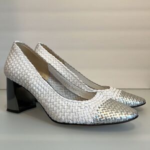 Pons Quintana White and Silver Woven Leather Mirrored Heel Shoes Size 38.5/8 US